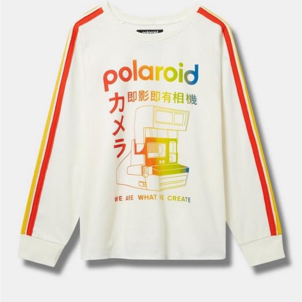 Torrid Polaroid sweatshirt, rainbow sleeves